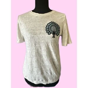 Maje E18TINA Ecru Linen T-Shirt Embroidered Peacock Patch Short Sleeve Women  S